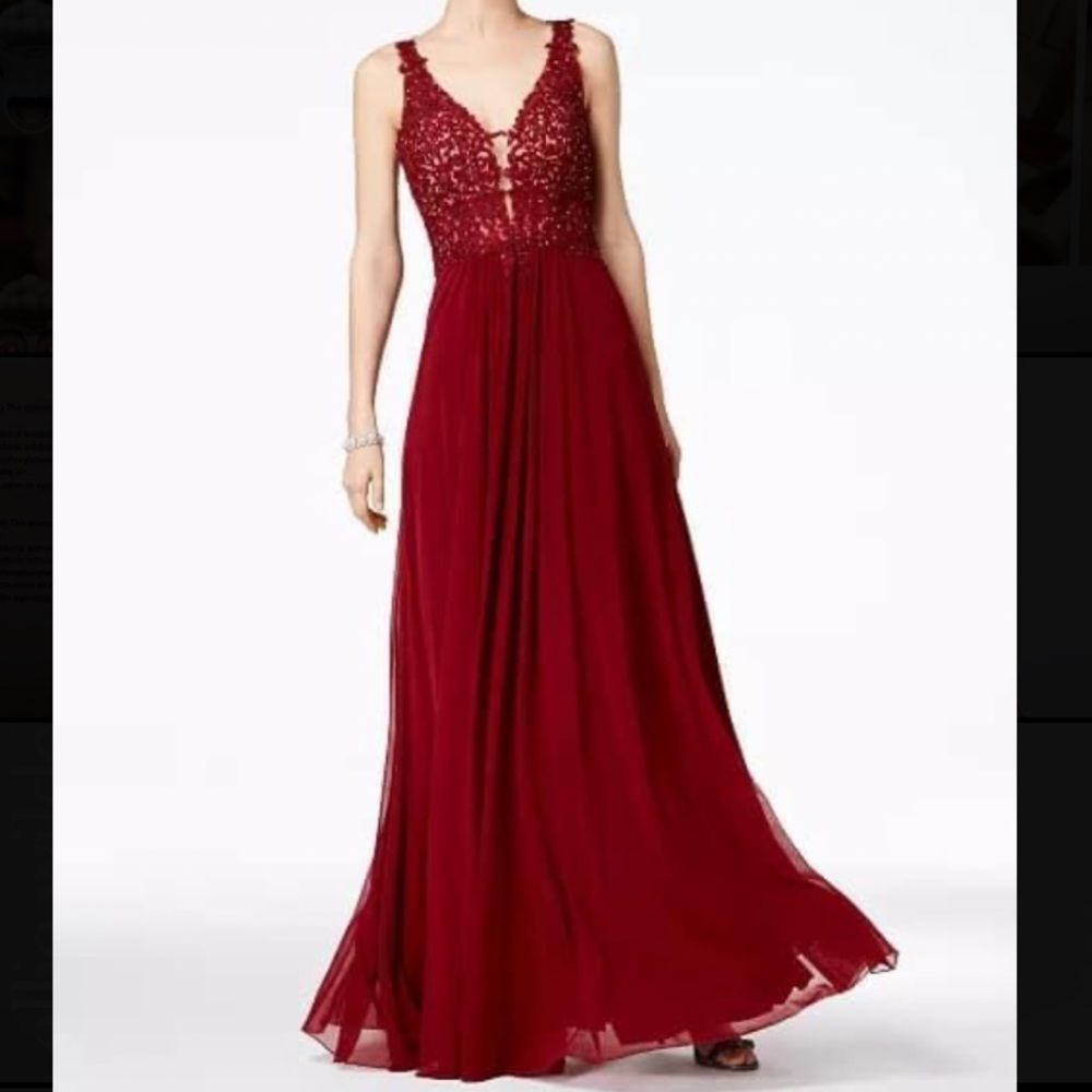 Betsy & Adam Macy’s burgundy prom dress (4P)